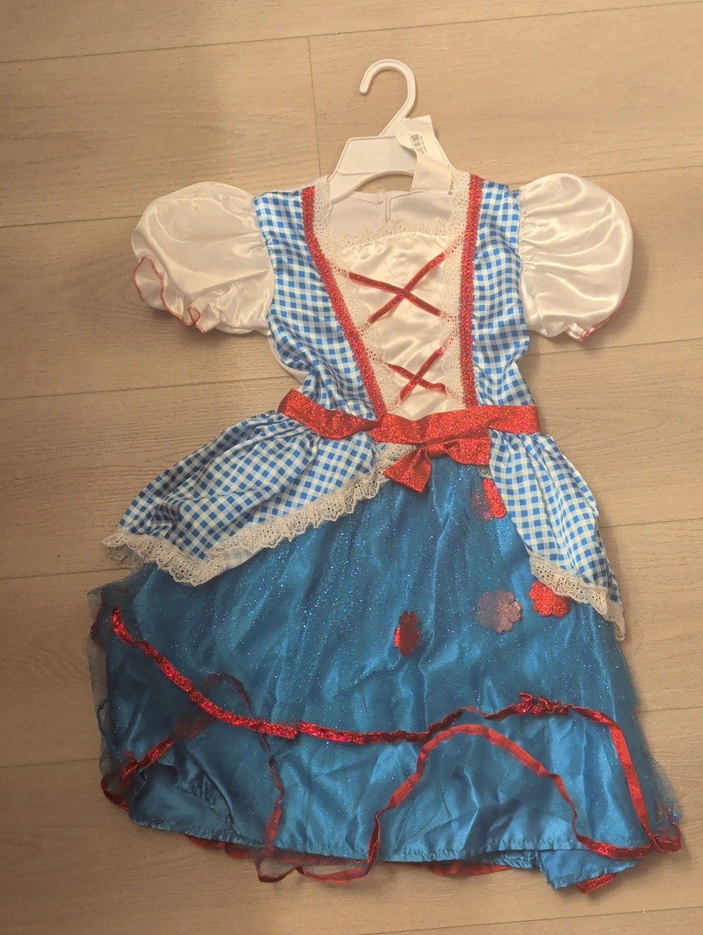 Blue and White Sparkle Peasant Girl Kids Costume with Red Accents